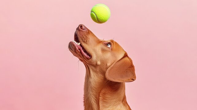 Dog playtime routines concept Happy dog catching a tennis ball against a pink background.
