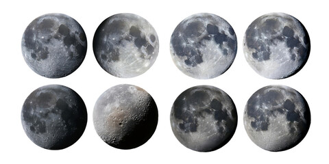Obraz premium Phases of the Moon Series on a Black Background, PNG collection, set bundle, isolate on transparent or white background