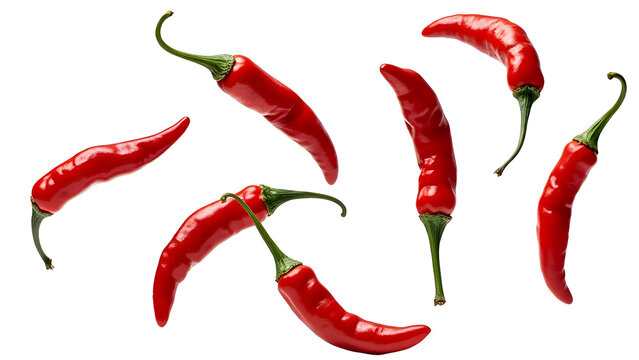 Falling red chili peppers isolated on transparent background, Cut out png