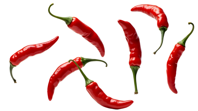 Falling red chili peppers isolated on transparent background, Cut out png