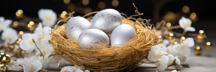 Silver eggs in a rustic nest, adorned with blossoms and gold accents. Generative AI