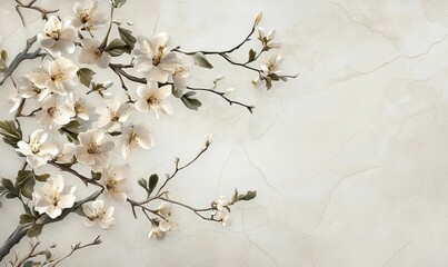 White blossoms on branches against cracked beige backdrop.