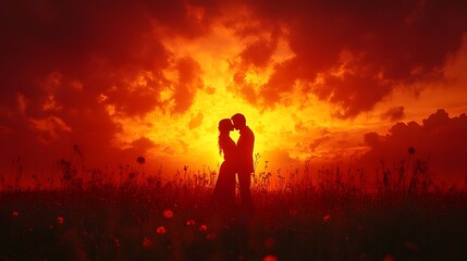 Fototapeta premium Silhouetted couple embracing in a dramatic sunset field with a warm mystical glow