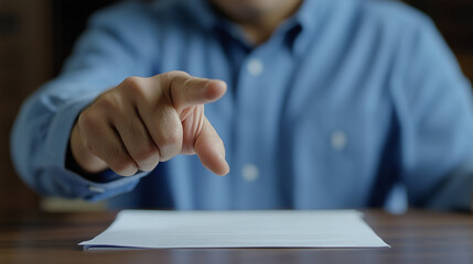  Close-Up of Man in Blue Shirt Pointing at Document on Wooden Desk