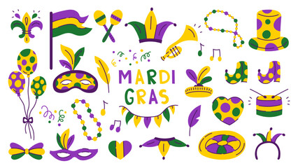 Mardi Gras Design Elements Set. Festive clipart with traditional symbols and colors. Collection of colorful carnival jester hat mask beads fleur de lys. Vector illustration © Marina