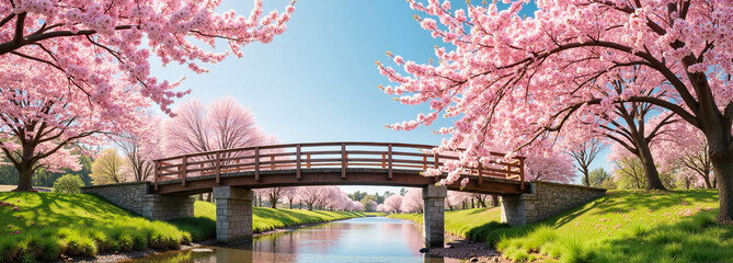 Cherry Blossoms framing a wooden bridge over a tranquil river