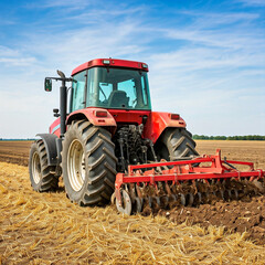 Obraz premium tractor in agricultural field. Rear view of a large tractor of red color standing in a field. Start tillage after harvest. farming concept.