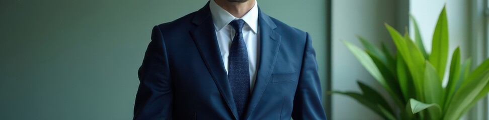 Sharp suit, single plant, neutral setting; understated professionalism , plant, modern