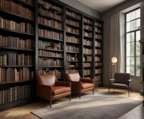 Floor-to-ceiling bookshelves with leather-bound books and modern art pieces, beautiful books,