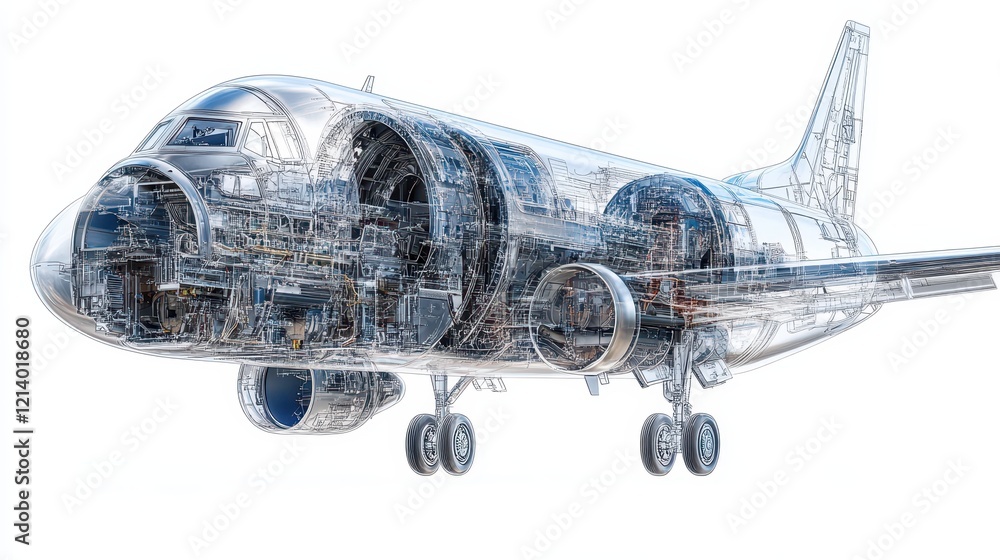 Poster detailed transparent airplane blueprint showing internal structure and mechanics isolated on white b