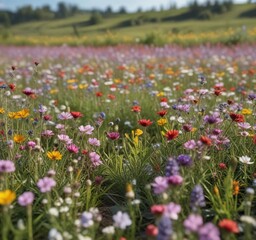 Obraz premium Field of blooming wildflowers with a shallow depth of field, garden, nature