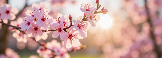 Obraz premium Cherry Blossoms blooming in soft sunlight