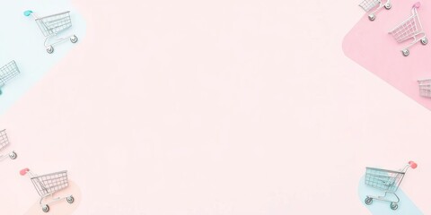 Small empty shopping carts arranged in a pattern on a pastel colored paper background, modern trendy design for any purpose, trendy, background, design