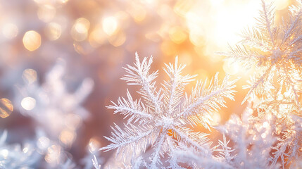 Frosty winter tree branches backlit by warm sunlight.