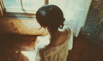 Woman looks out window; back to the viewer.