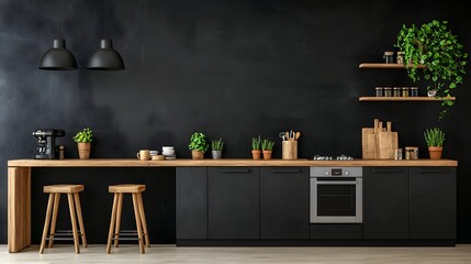 A sleek and minimalist kitchen interior design featuring wooden shelves potted plants and various decor elements