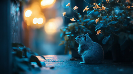 Groundhog enjoys a quiet moment among flowers during dusk in a serene outdoor setting