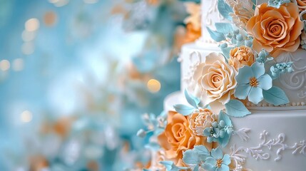 A beautifully decorated wedding cake adorned with pastel flowers, showcasing intricate details and soft colors against a dreamy blue background.