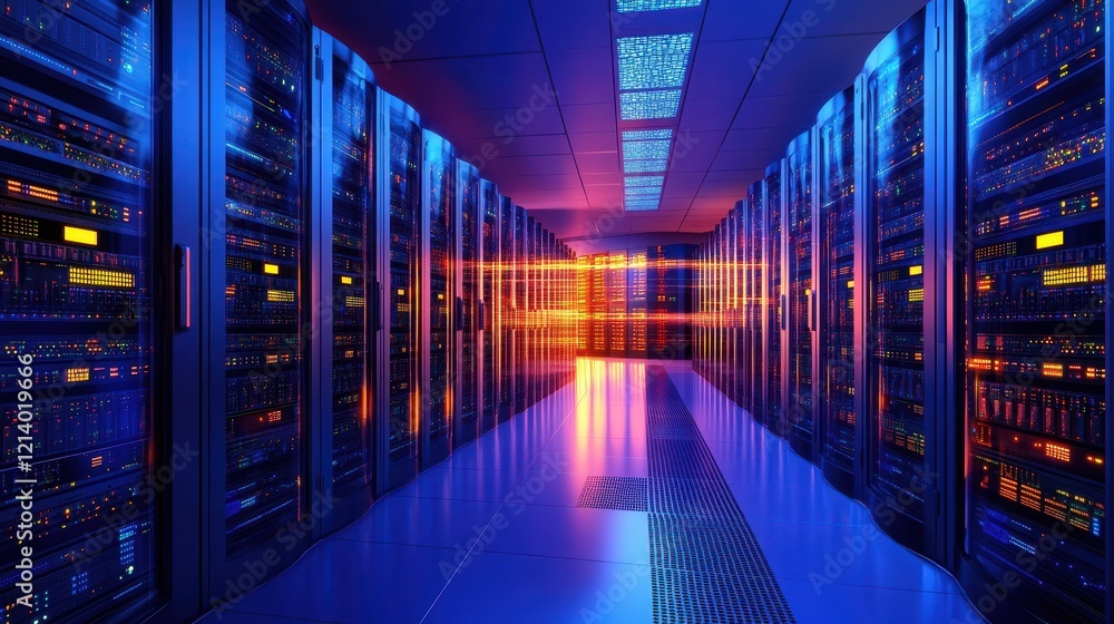 Aufkleber futuristic data center hallway with glowing servers and data streams.
