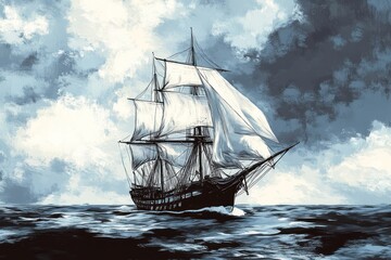 Fototapeta premium A majestic sailing ship with billowing sails navigates a dramatic, stormy sea under a brooding sky.