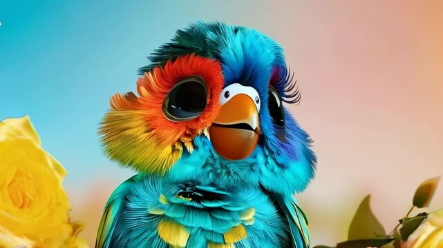 Whimsical Nature Colorful Bird with Vibrant Feathers Surrounded by Yellow Roses, Exuding Charm and Delightful Scenes of Pet Animals.