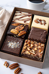 A gift box filled with assorted chocolate brownies topped with pecans, walnuts, and white chocolate drizzle. The rich, decadent treats are placed on a white surface with scattered pecan nuts.  
