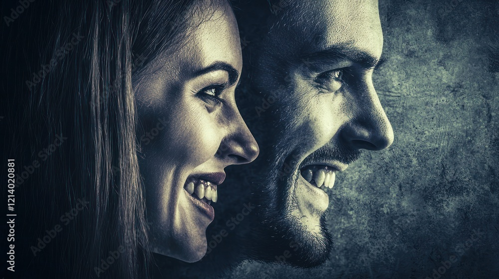 Poster a visual concept of jealousy with contrasting images of smiling and envy.