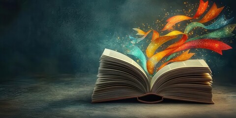 An open book with colorful ribbons and sparkles emerging from it.