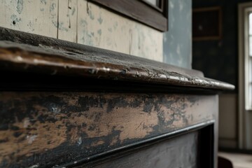 Worn wooden mantel with faded wallpaper behind it.