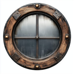 vintage ship porthole with aged brass frame and glass window showing a blurry ocean view for nautical and maritime themes