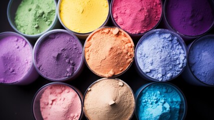 Vibrant colors of powdered pigments arranged in artistic circles during daylight. Generative AI