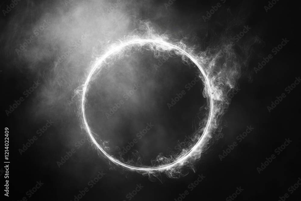 Poster mystical swirling smoke ring frame with text copy space in the middle on a black backdrop. backgroun