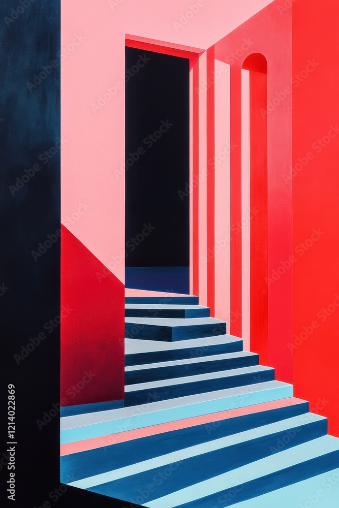 Poster abstract architectural staircase with bold color blocks and striking geometric design.