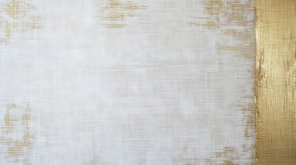 Textured Off-White Fabric with Abstract Golden Metallic Paint Border Background.