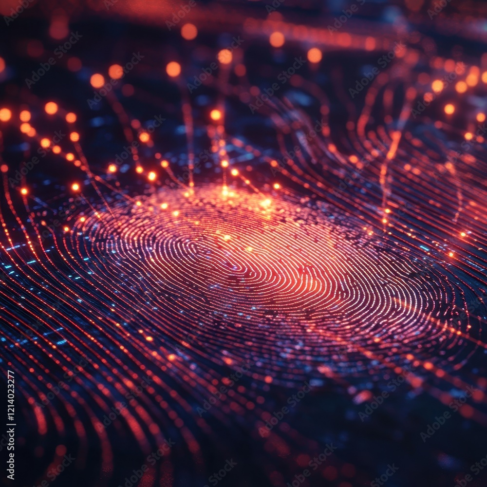 Poster digital fingerprint biometric data security technology abstract, glowing red and blue lines with dat