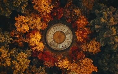 Fototapeta premium Aerial View of Circular Stone Structure Surrounded by Autumnal Trees with Vibrant Red, Orange, and Yellow Leaves.