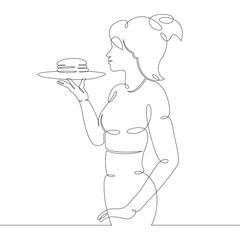 Young woman girl waiter carries a tray with sandwich hamburger food. One continuous drawing line, logo single hand drawn art doodle isolated minimal illustration.
