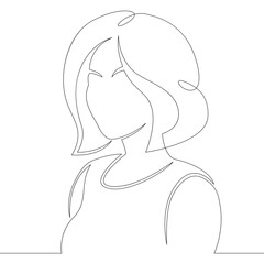 Portrait of a young woman with short hair in a bob hairstyle. One continuous drawing line, logo single hand drawn art doodle isolated minimal illustration.