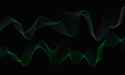 Zigzag multicolored wavy lines with a smooth curve on a black background create a visually interesting effect. Geometric element design. Abstract waves