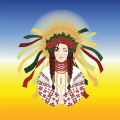 Ukrainian woman prays for harvest dressed in national red embroidery and wreath of viburnum and wheat spikelets with ribbons