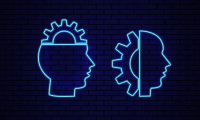 Neon gear in human head. Thinking intellectual brain. Neon gear icon. Symbol of brain work is related to thinking, idea and mechanics