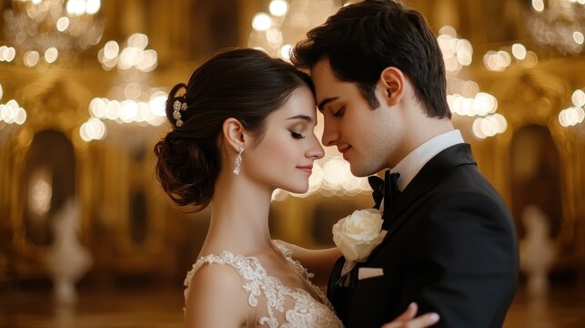 A romantic couple embraces during their wedding, surrounded by elegant decor and soft lighting, capturing a moment of love and intimacy.