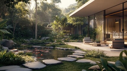 Tranquil Modern Home Koi Pond Lush Garden