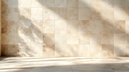 Serene and elegant minimalist interior with a clean and modern aesthetic  The image shows a room with a tiled marble floor and walls