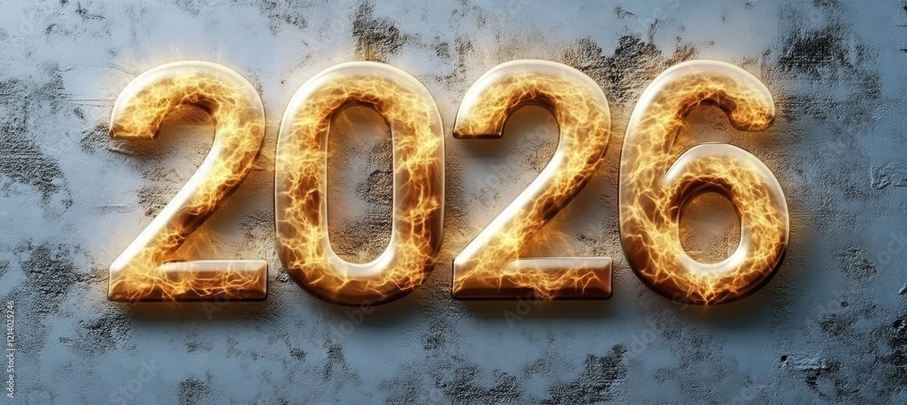 Poster gold number 2026 with light and transparency effect on abstract blue textured background