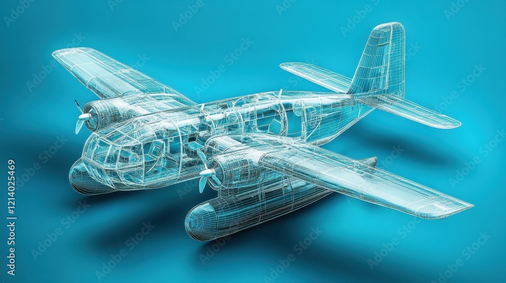Poster wireframe rendering of a twin-engine cargo plane on a solid blue background.