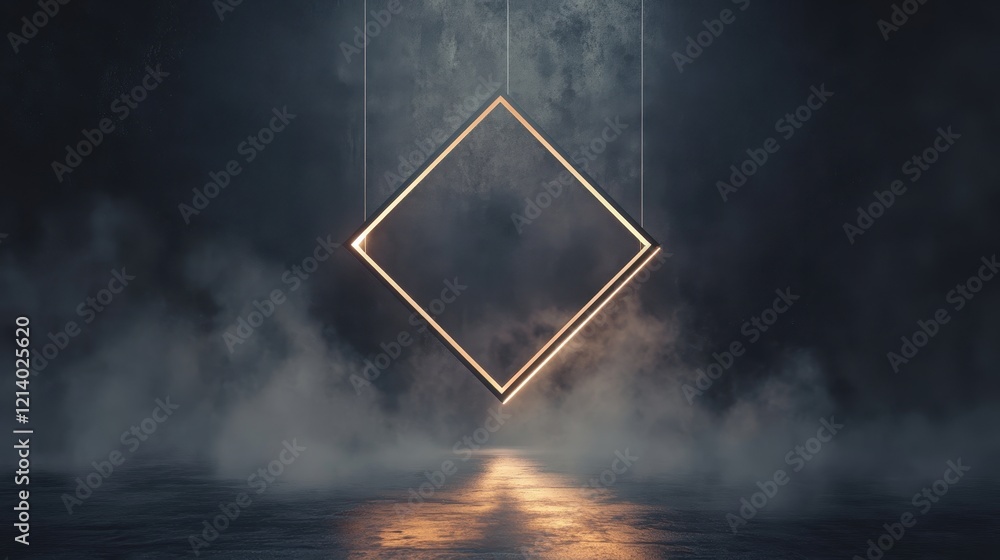Poster abstract 3d render of a suspended glowing gold square frame with voluminous fog on a dark textured s