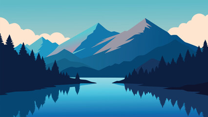  Mountain range with lush trees surrounding a tranquil lake, reflecting the natural beauty of the landscape flat vector illustration.