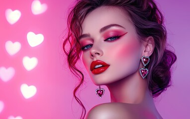 Fototapeta premium A glamorous woman with bold red lipstick and sparkling earrings, against a pastel lilac background with glowing heart accents for Saint Valentines Day and International Womens Day