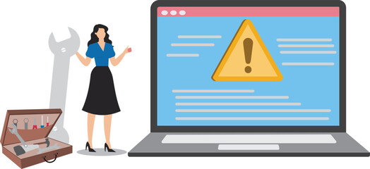 Problem solving, businesswoman carrying a big key to fix problems with a computer laptop outage, technical support concept, IT expert, problem solving skill, solution